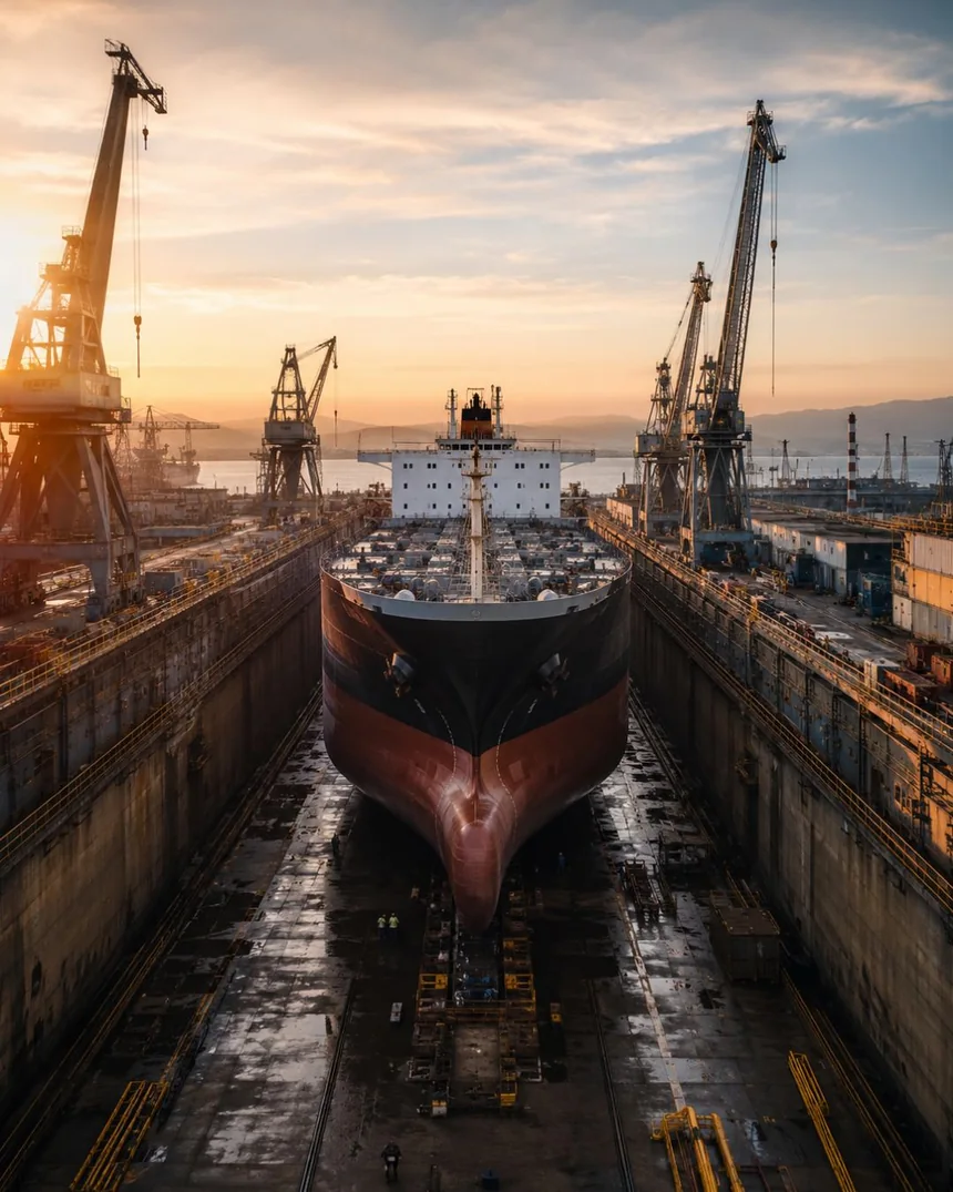 A ship undergoing maintenance in a dry dock