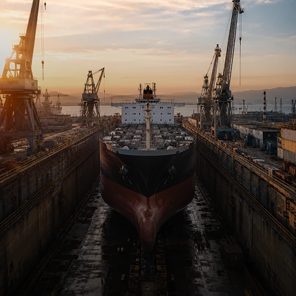 A ship in dry dock at sunset