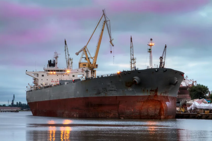 A large cargo ship and dockside cranes at dusk