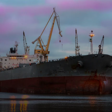 A cargo vessel alongside port cranes