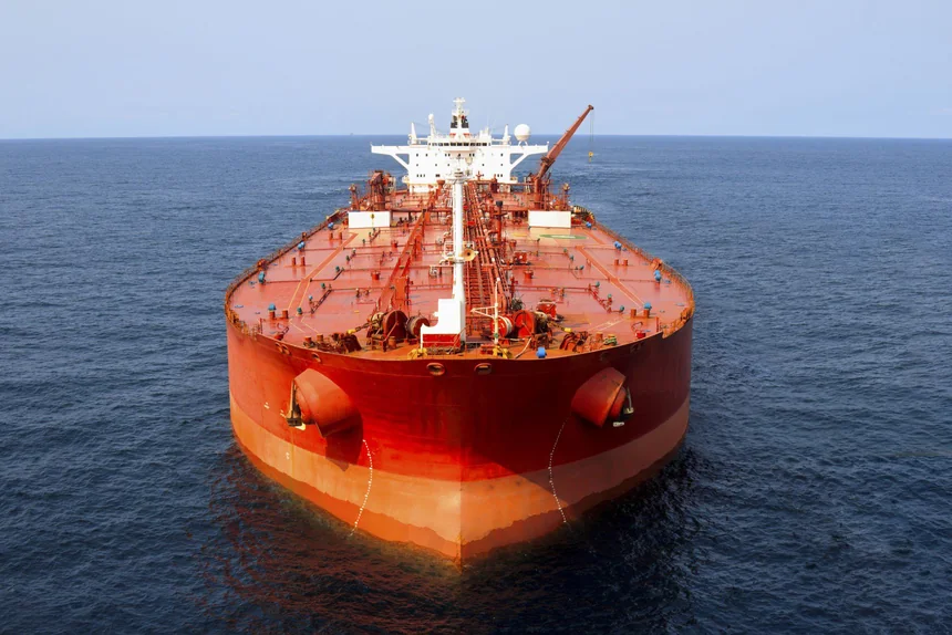 An orange tanker viewed from the bow