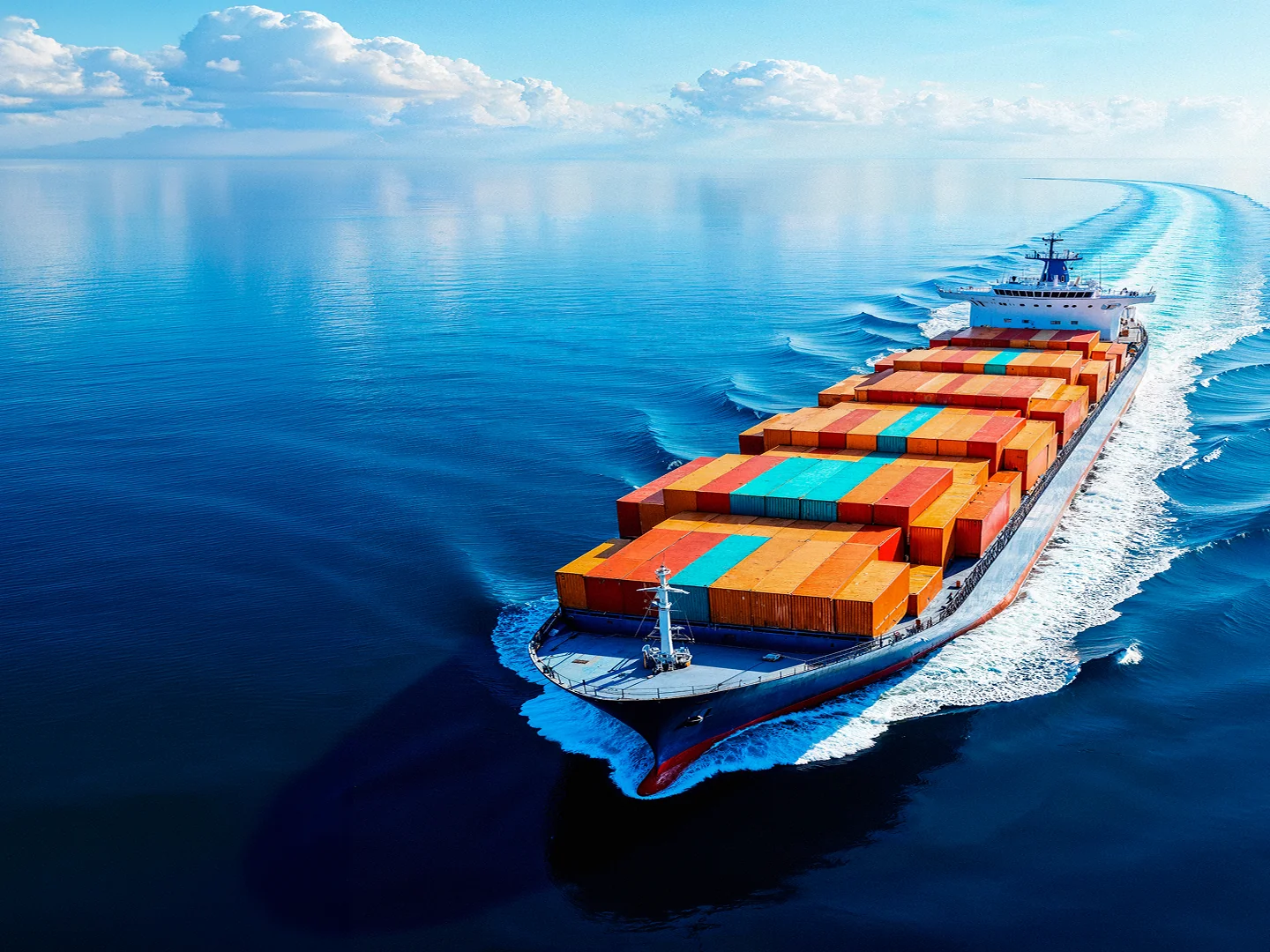 A container ship navigating clear blue water